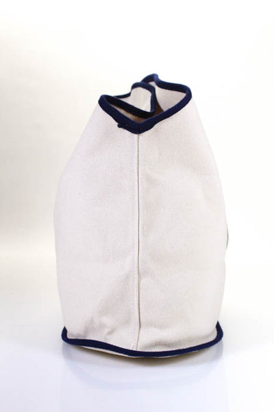 Queen Bea Studio White Navy Blue Embroidered Open Front Tote Shoulder Handbag