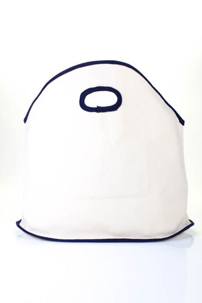 Queen Bea Studio White Navy Blue Embroidered Open Front Tote Shoulder Handbag
