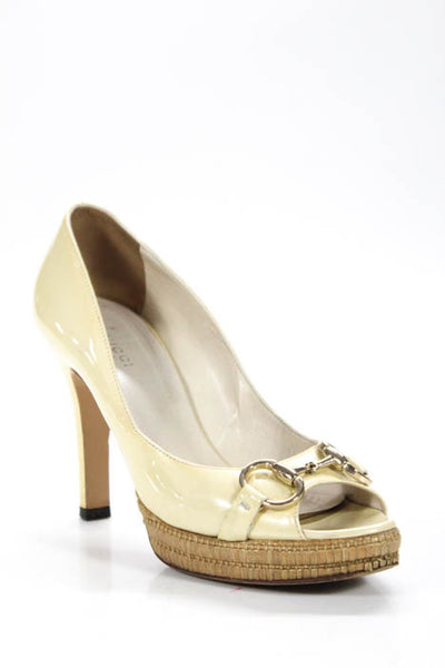 Gucci Ivory Patent Leather Gold Tone Buckle Peep Toe Pumps Heels Size 8 M