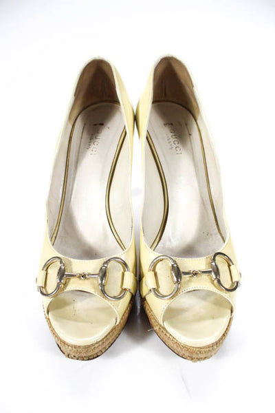 Gucci Ivory Patent Leather Gold Tone Buckle Peep Toe Pumps Heels Size 8 M