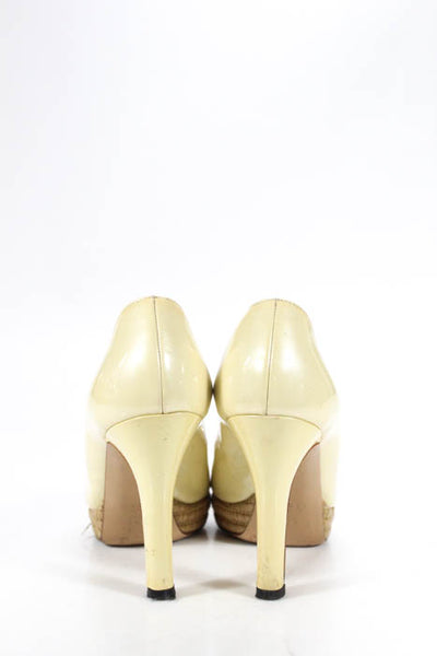 Gucci Ivory Patent Leather Gold Tone Buckle Peep Toe Pumps Heels Size 8 M