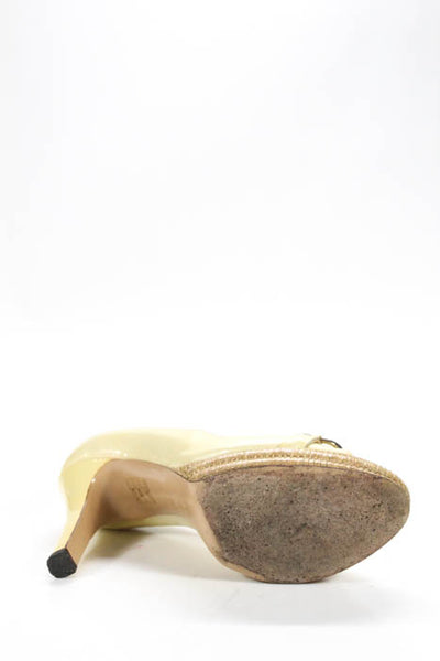 Gucci Ivory Patent Leather Gold Tone Buckle Peep Toe Pumps Heels Size 8 M