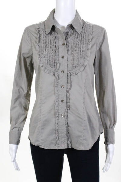 Whistles Gray Cotton Long Sleeve Ruffle Detail Button Down Shirt Size 8