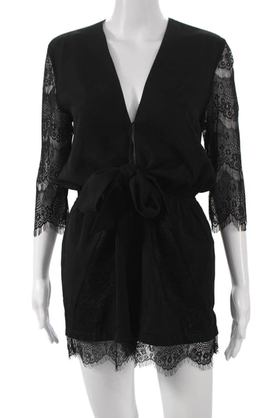 Lucy Paris Womens Black V-Neck Romper 3/4 Sleeve Tie Size M