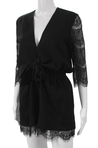 Lucy Paris Womens Black V-Neck Romper 3/4 Sleeve Tie Size M