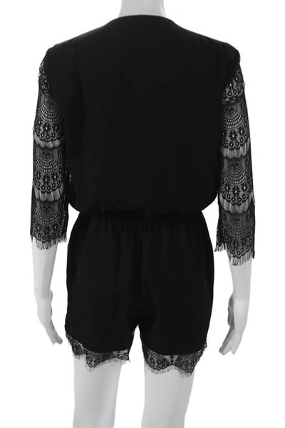 Lucy Paris Womens Black V-Neck Romper 3/4 Sleeve Tie Size M