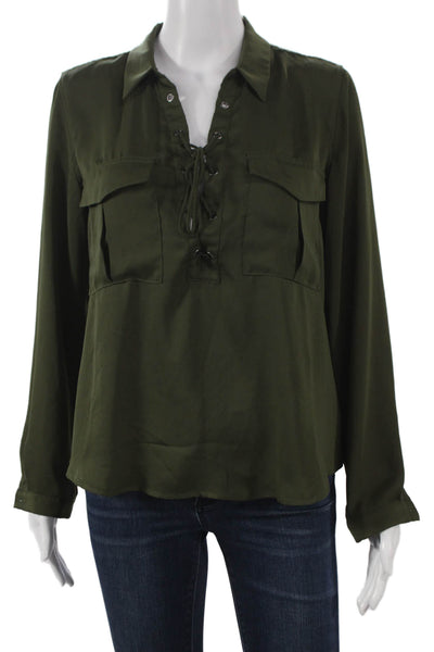 L'Academie Womens Tunic Blouse Green Lace Up Collared Long Sleeve Size S