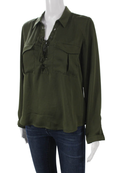 L'Academie Womens Tunic Blouse Green Lace Up Collared Long Sleeve Size S