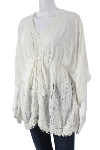 Melissa Odabash Womens Blouse White V Neck Geometric Long Sleeve Size One Size
