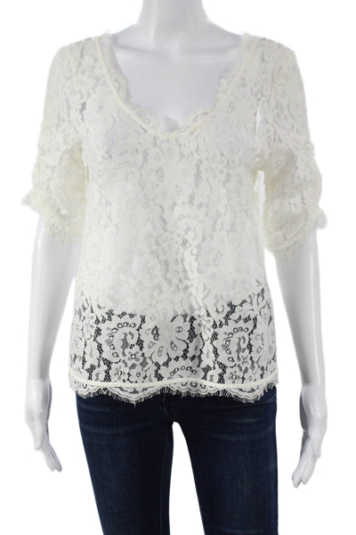 Joie Women White Floral V-Neck Basic Blouse 3/4 Sleeve Nylon Size S
