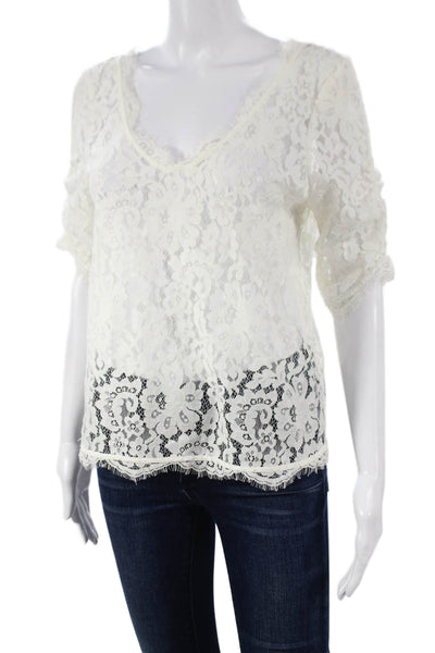 Joie Women White Floral V-Neck Basic Blouse 3/4 Sleeve Nylon Size S