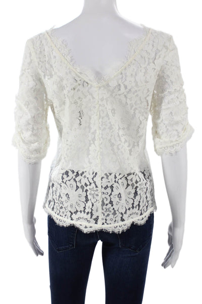 Joie Women White Floral V-Neck Basic Blouse 3/4 Sleeve Nylon Size S