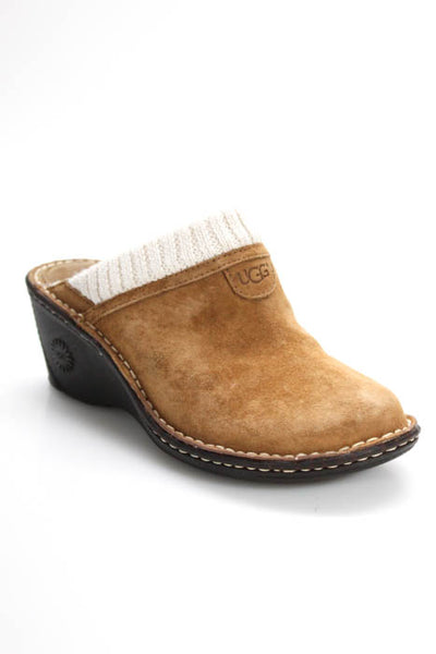 Ugg Ivory Brown Suede Rounded Toe Slide On Closure Women's Wedge Clogs Size 7