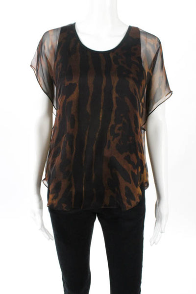 Alexander McQueen Brown Black Silk Leopard Print Sheer Blouse Top Size 42