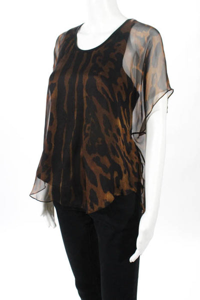 Alexander McQueen Brown Black Silk Leopard Print Sheer Blouse Top Size 42