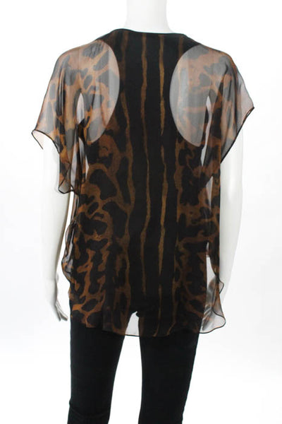 Alexander McQueen Brown Black Silk Leopard Print Sheer Blouse Top Size 42