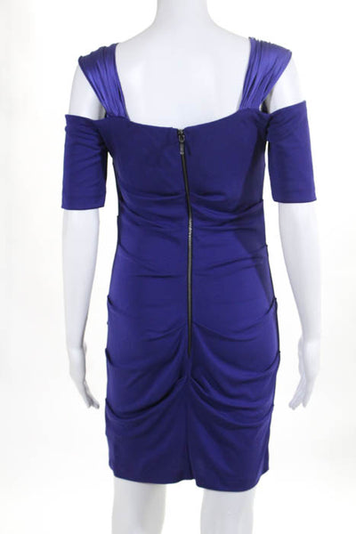 Nicole Miller Studio Purple Cold Shoulder Short Sleeve Ruched Dress Size Petite