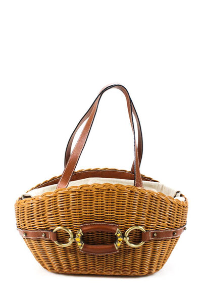 Designer Brown Straw Drawstring Basket Medium Shoulder Handbag