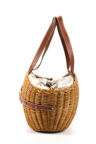 Designer Brown Straw Drawstring Basket Medium Shoulder Handbag