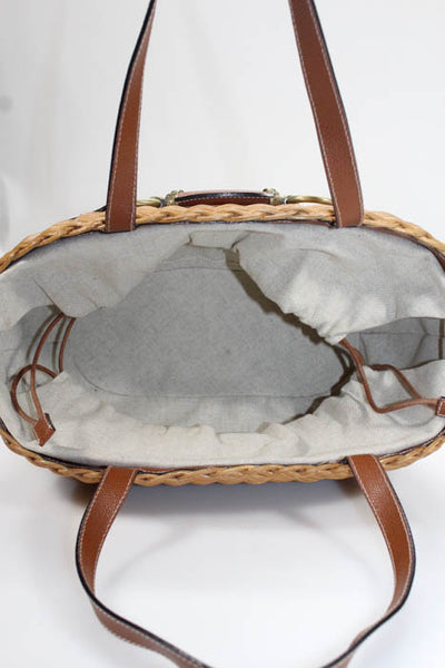 Designer Brown Straw Drawstring Basket Medium Shoulder Handbag