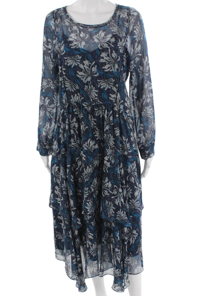 Rebecca Taylor Womens Trapeze Swing Silk Blue Long Sleeve Dress Size 8