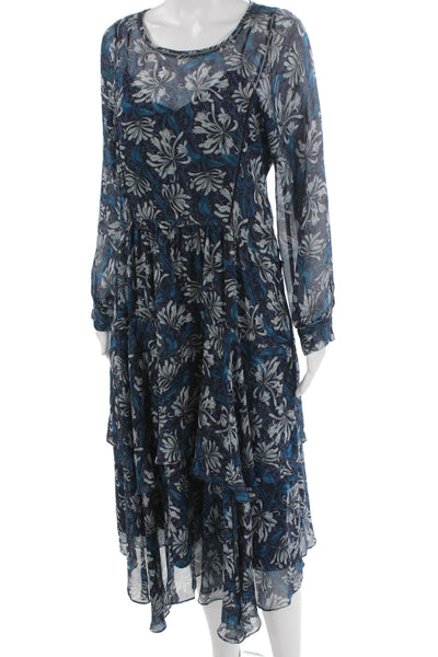 Rebecca Taylor Womens Trapeze Swing Silk Blue Long Sleeve Dress Size 8