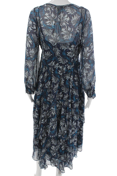 Rebecca Taylor Womens Trapeze Swing Silk Blue Long Sleeve Dress Size 8