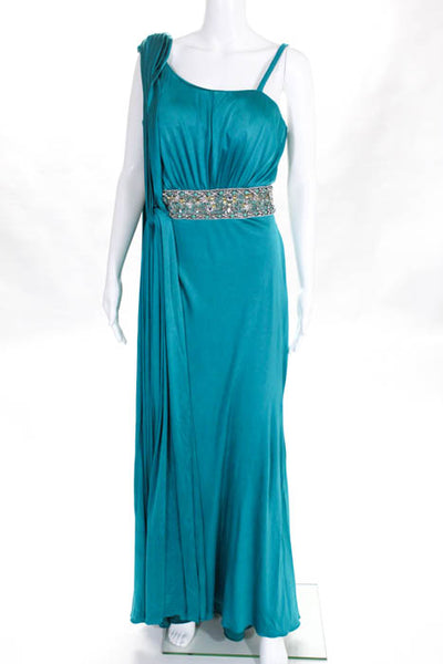 Gustavo Cadile Blue Silk Beaded Gem Trim Asymmetrical Neckline Gown Size 12