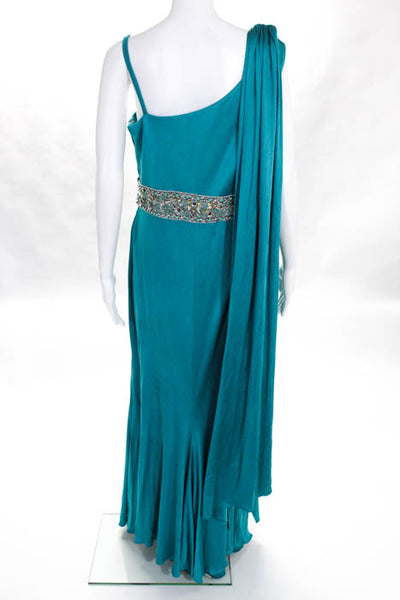 Gustavo Cadile Blue Silk Beaded Gem Trim Asymmetrical Neckline Gown Size 12