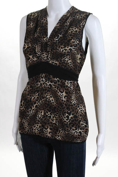 BCBGMAXAZRIA Brown Silk Animal Print V Neck Sleeveless Blouse Size Extra Small