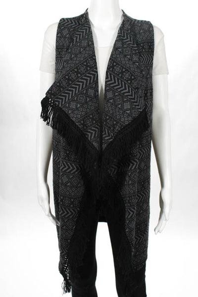 C Wonder Grey Printed Fringe Open Front Stretch Knit Vest Size Small