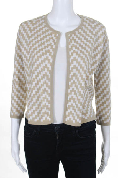 Belford Beige Cotton Checkered Open Front Cropped Cardigan Sweater Size Small