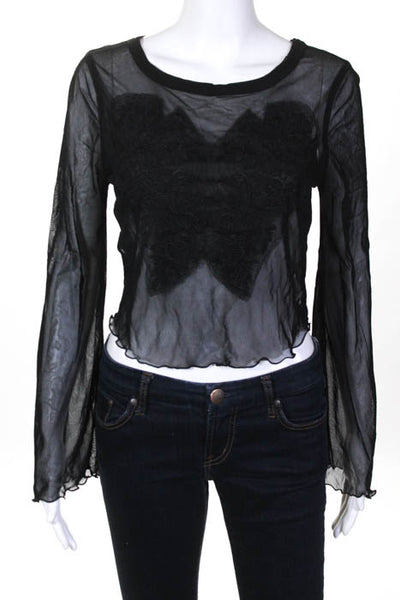 Free People Black Sheer Floral Embroidered Long Sleeve Top Size Small