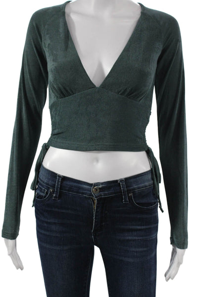 12th Tribe Womens Cropped Blouse Green V-Neck Long Sleeve Tie Size S