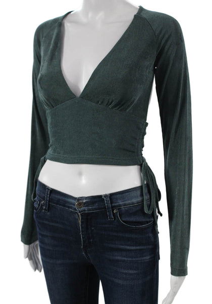 12th Tribe Womens Cropped Blouse Green V-Neck Long Sleeve Tie Size S