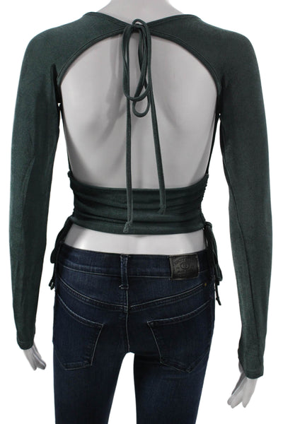 12th Tribe Womens Cropped Blouse Green V-Neck Long Sleeve Tie Size S