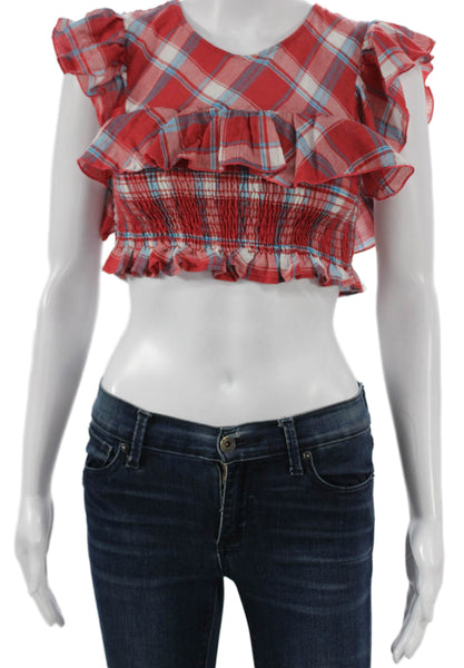 Blue Life Womens Cropped Plaid V Neck Red Cotton Blouse Size S
