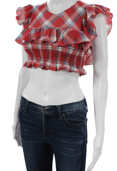 Blue Life Womens Cropped Plaid V Neck Red Cotton Blouse Size S