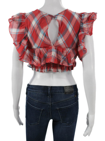 Blue Life Womens Cropped Plaid V Neck Red Cotton Blouse Size S