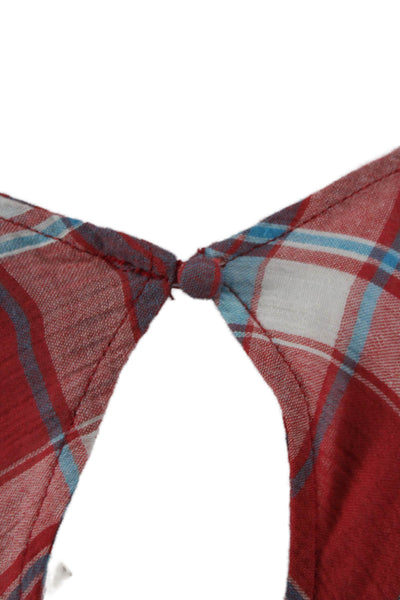 Blue Life Womens Cropped Plaid V Neck Red Cotton Blouse Size S