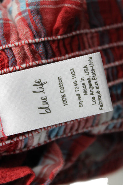 Blue Life Womens Cropped Plaid V Neck Red Cotton Blouse Size S