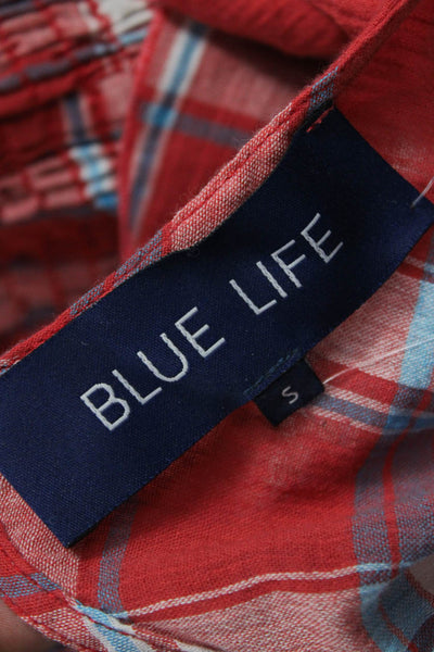 Blue Life Womens Cropped Plaid V Neck Red Cotton Blouse Size S