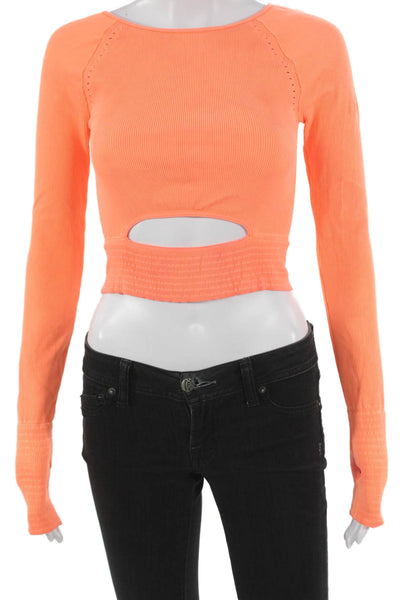 Naked Wardrobe Womens Cropped Long Sleeve Nylon Blouse Orange Round Neck Size M