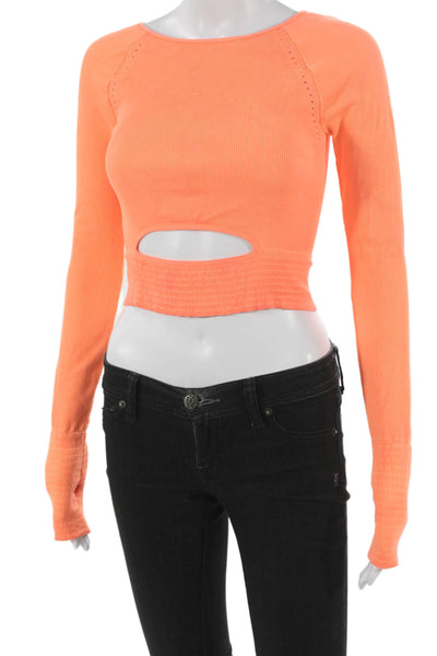 Naked Wardrobe Womens Cropped Long Sleeve Nylon Blouse Orange Round Neck Size M