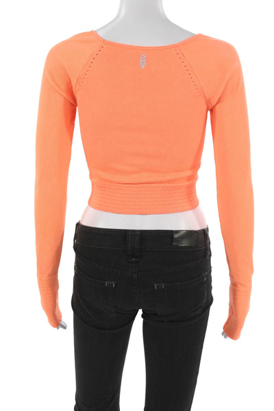 Naked Wardrobe Womens Cropped Long Sleeve Nylon Blouse Orange Round Neck Size M