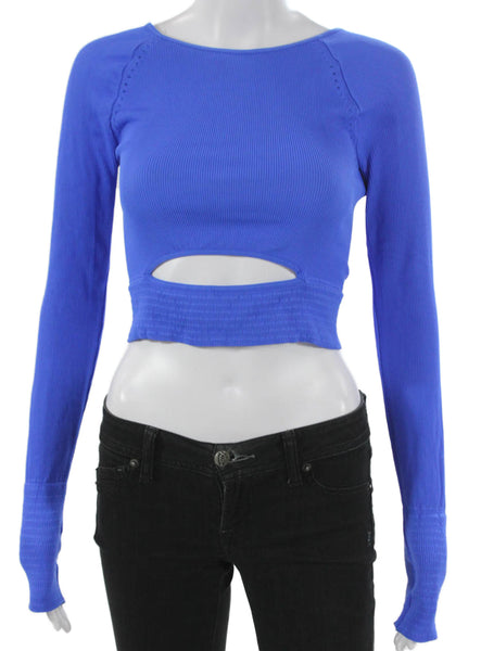 FP Movement Women Cropped Boat Neck Long Sleeve Casual Nylon Top Blue Size M