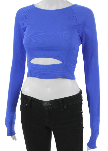 FP Movement Women Cropped Boat Neck Long Sleeve Casual Nylon Top Blue Size M