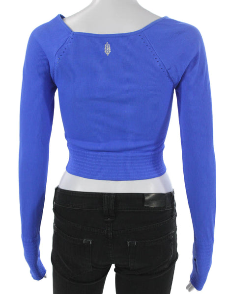 FP Movement Women Cropped Boat Neck Long Sleeve Casual Nylon Top Blue Size M