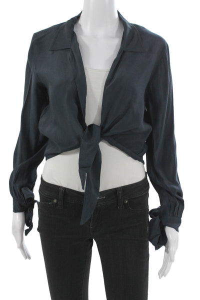 Faithfull Womens Cropped Blouse Collared Tie Long Sleeve Blue Viscose Size 2