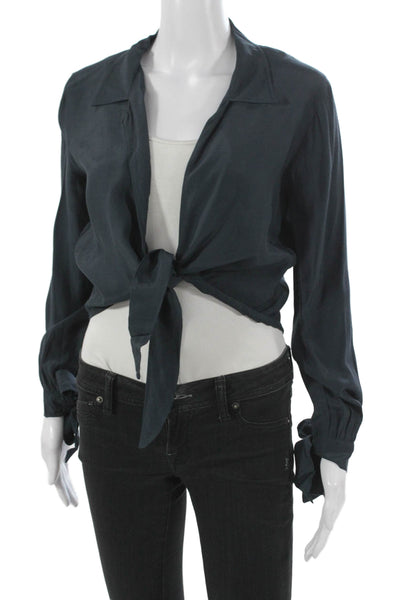 Faithfull Womens Cropped Blouse Collared Tie Long Sleeve Blue Viscose Size 2